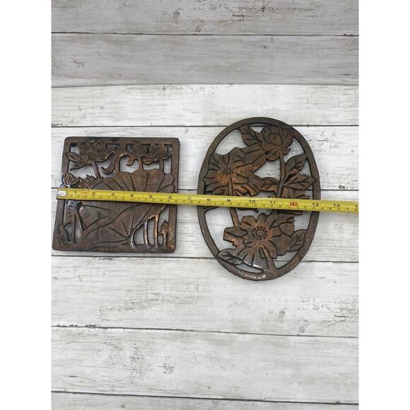 2 Vintage Copper and Cast Iron Floral Trivet Hot Dish Holders SET OF 2 - Picture 6 of 12